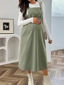 SHEIN Maternity Solid Color Casual Pocket Strap Dress - Army Green - View 5