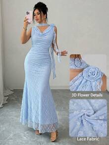 Modelyn Green Sleeveless Cowl Neck Ribbon 3D Floral Mesh Print Fitted Dress For Women - Blue - View 7