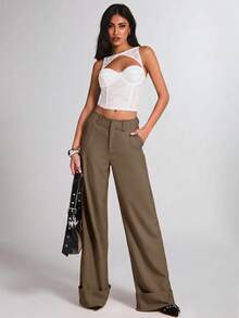 SHEIN Tall CURVE 大尺碼女款素色直筒寬鬆休閒通勤長褲 - 卡其色 - 查看 5