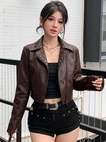 DAZY 秋冬棕色街頭風寬鬆休閒短版PU皮革機車風女款夾克 - 棕色 - 查看 7
