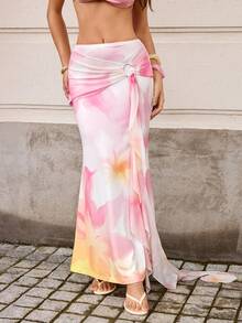 BiGraphic Women's Dreamy White Floral High Waist Buckle Vacation Beach Party Flowy Long Skirt Summer Fashion Slimming Elegant Sexy Tropical Casual - Pink - View 5