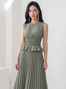 Heiryn Women's Solid Color Pleated Ruffle Hem Shirt And Skirt Elegant Frenchy French Two Pieces Set Vacation Sage Green Summer Daytime Drinks Holiday Party - Army Green - View 8