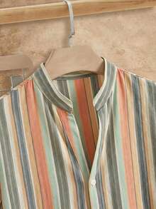HIMLAND 2pcs/Set Men's Summer Cotton Polyester Brushed Striped Casual Short Sleeve Shirt & Loose Comfortable Linen Long Pants - Multicolor - View 4
