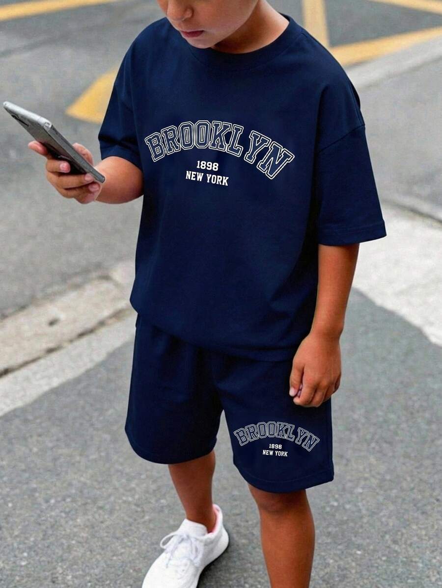 Tween Boys' Casual Minimalist Round Neck Short Sleeve Shorts 2 Pieces Set,Suitable For Summer 1989 New York,Brooklyn Text Graphic - Navy Blue - View 1