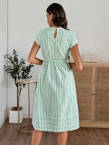 EMERY ROSE Women's Casual Striped Waist Tie Short Sleeve Dress, Summer - Pastel Green - View 4
