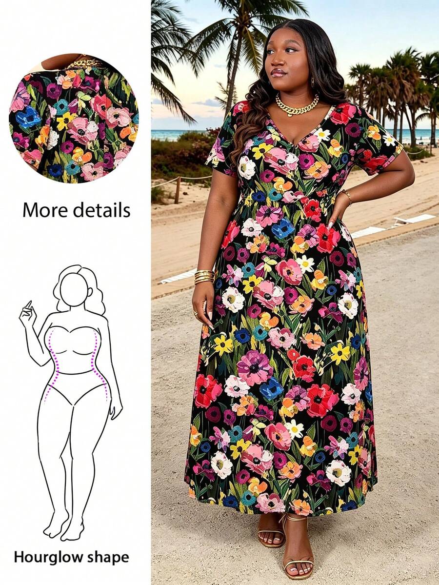 CurvyTilda 大尺碼女款休閒V領短袖花卉印花長洋裝,優雅夏季款 - 彩色 - 查看 1