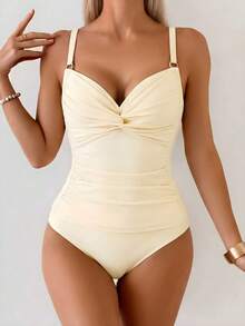 Swim Basics 女款純色金屬環飾交叉綁帶抓皺性感背心短褲套裝，適合海灘度假 - 杏色 - 查看 6