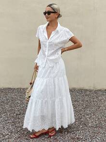 DAZY Solid Color Jacquard Fabric Short Sleeve Shirt And Umbrella Skirt Elegant Vacation Summer Women's Set School - White - View 2