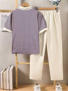 SHEIN 2件組 青少年男孩紳士兩件套 短袖 Polo 衫 + 長褲套裝，優雅正式穿著，適用生日派對、晚會、表演、婚禮、畢業典禮、婚禮賓客、花童、戒童 - 紫色 - 查看 3