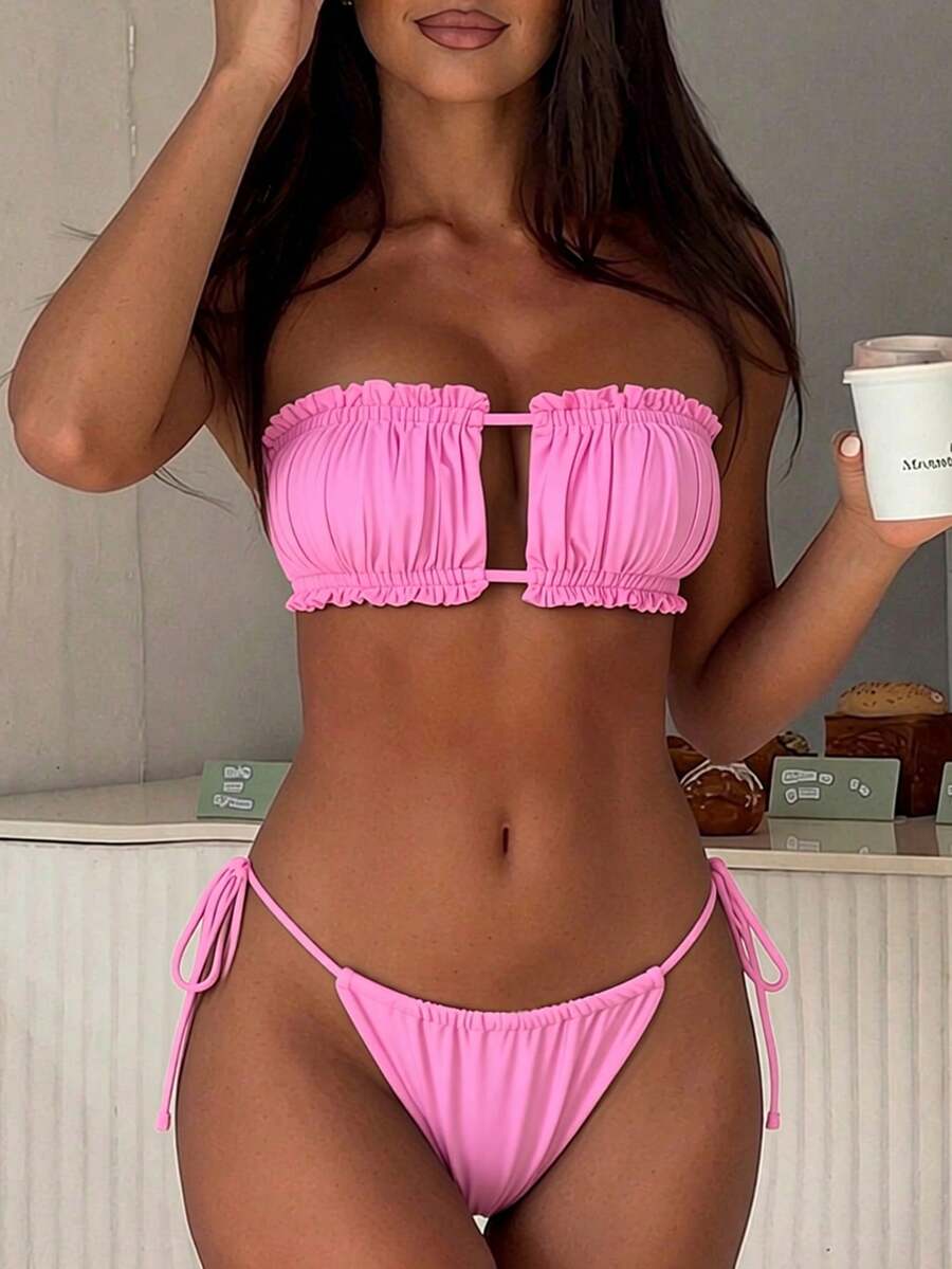 Swim SXY Women's Summer Beach Solid Color Bandeau Bikini Top And Triangle Bottom Two-Piece Swimsuit Set - Pink - View 1