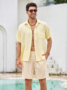 Mercer Haus Men's Summer Vacation Solid Color Drawstring Waist Slant Pocket Shorts - Apricot - View 6
