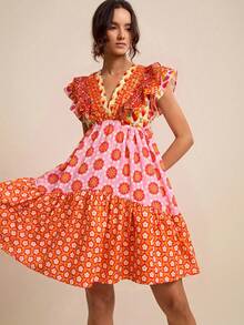 LOTSLUV Women's Spring/Summer Pink Floral Patchwork Contrast Print V-Neck Ruffle Waist A-Line Short Dress Vacation Boho - Yellow - View 3