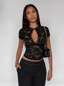 TRNVIE Summer Chinese Style Black Lace Trim Slimming Short Sleeve T-Shirt For Women - Black - View 3