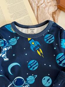 LMoss Kids Ensemble 2 pièces de vêtements de détente pour bébé garçon, t-shirt ajusté à col ras-du-cou avec motif astronaute mignon tricoté et pantalon long - Bleu azur - Voir 4