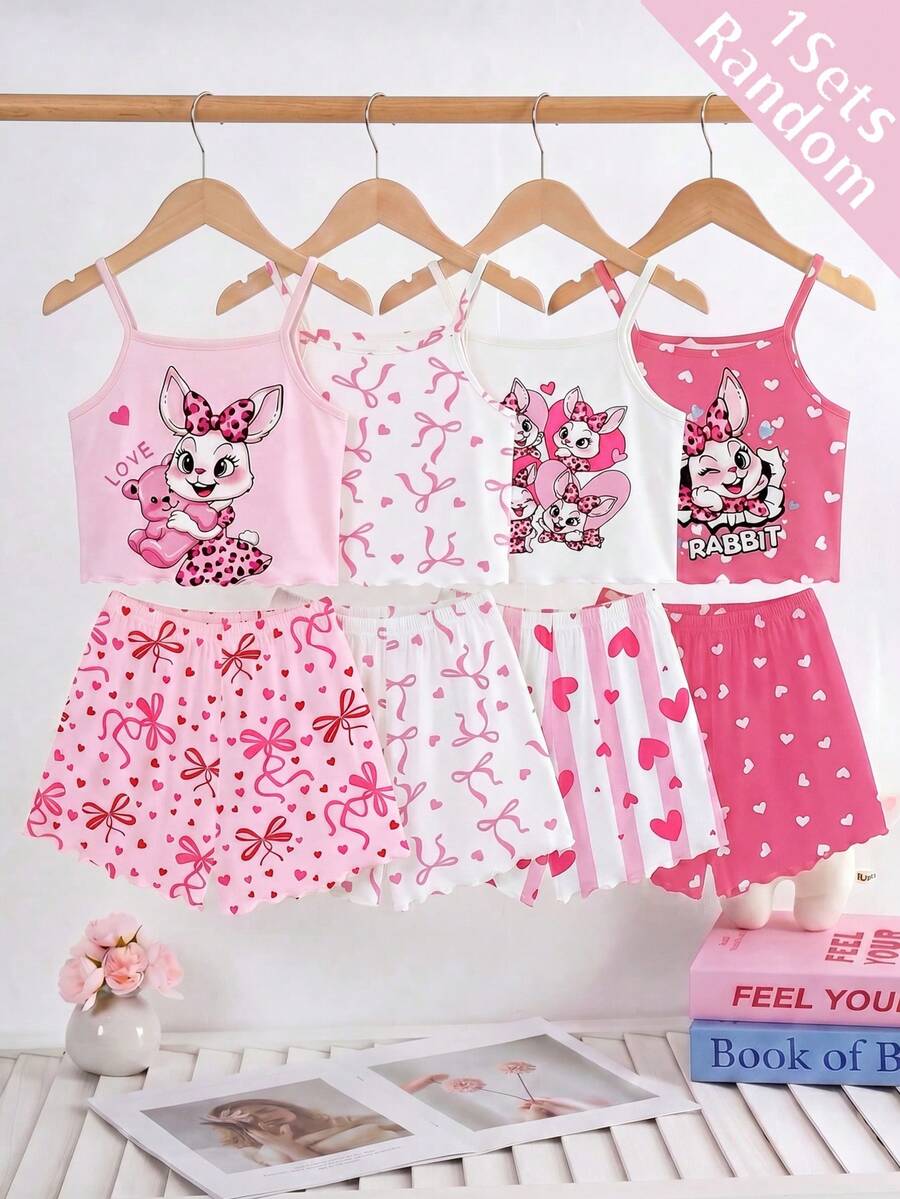 [Enviado al azar 1 set]Pijama para niñas preadolescentes de verano, nueva moda, lindo estampado de conejo de dibujos animados, moño y corazón, top de tirantes de punto con volantes y shorts con estampado integral, conjunto de pijama de 2 piezas 1 set (enviado al azar) - Multicolor - Ver 1