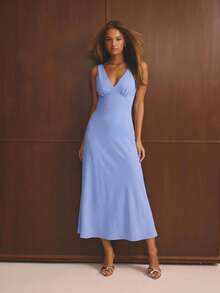 Aralina Women's Solid Color V-Neck Casual Party Dress - Blue - View 1