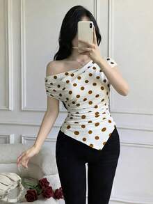 Celisse Women's Fashion Vacation Polka Dot Print Ruffle Asymmetric Hem T-Shirt - Khaki - View 5