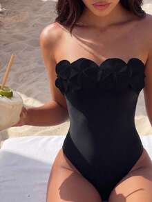 Swim Chiccia Swim Chicsea 女款純色平口 3D 花卉連身泳衣，適合夏季海灘度假 - 黑色 - 查看 8