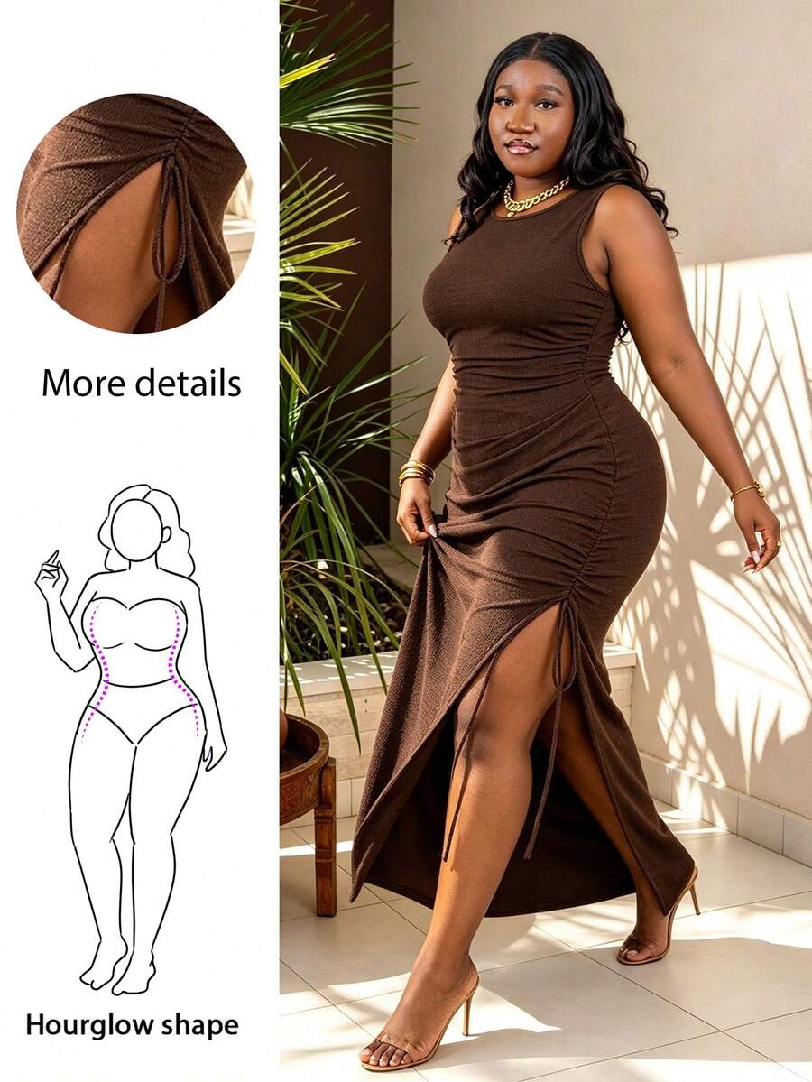 CurvyTilda 大尺碼女款休閒抓皺側開衩洋裝,婚禮賓客禮服、陽光裙,棕色優雅夏季節慶穿搭 - 巧克力棕 - 查看 1