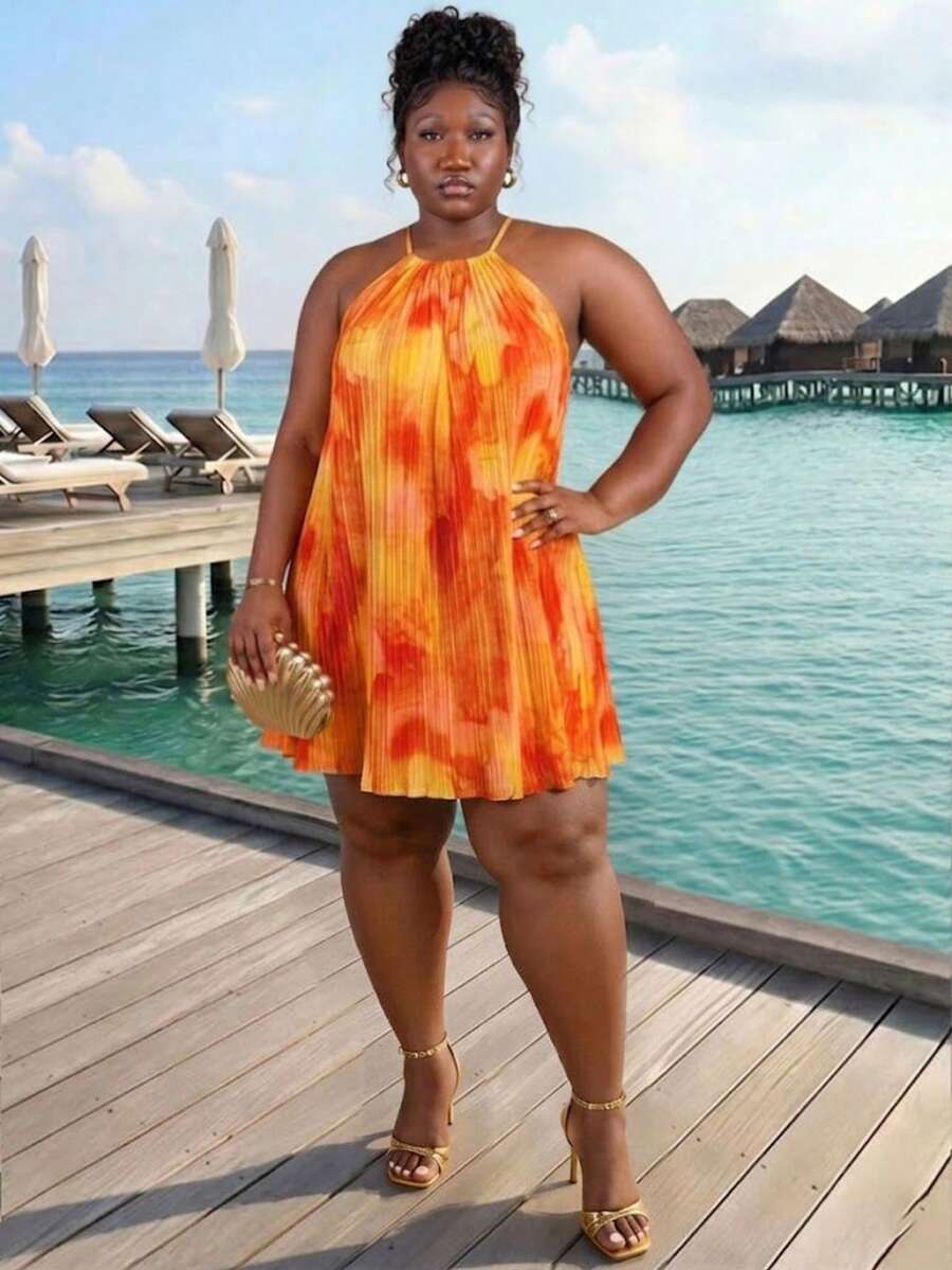 CurvyTilda 大码女式夏季沙滩度假扎染A字飘逸吊带迷你连衣裙,性感可爱,适合午餐、派对、约会、情人节等场合,可作太阳裙穿着。 - 橘色 - 查看 1