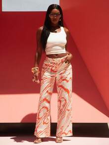 NYA SZN Jeans Belt Included Two Pieces Denim Pants Printed Abstract Stripe Zebra Wide Leg Mid Rise High White Orange Outfits For Women Vacation Autumn Punk - Multicolor - View 4