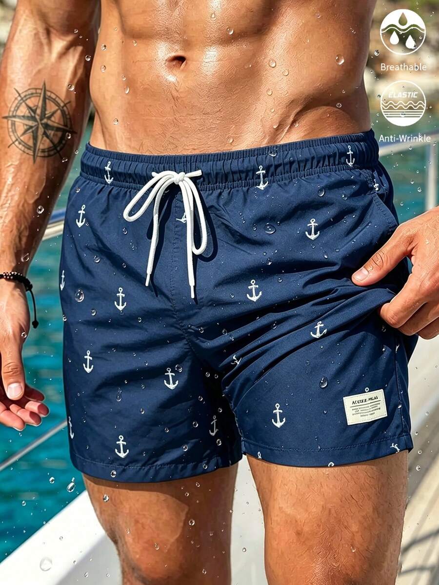 Manfinity Swimmode 男士夏季錨紋印花抽繩綁帶沙灘褲 - 藏蓝色 - 查看 1
