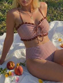 Swim Mod 2026 New Spring/Summer Brown Plaid Random Print Ruffled Trim Pearl Pendant Front Drawstring Women's Cute Sweet Bikini Set Set, Suitable For Summer Beach And Vacation - Multicolor - View 6