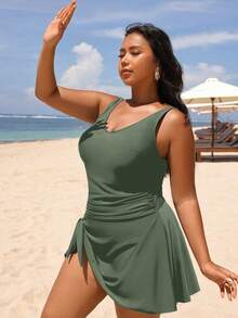 Swim Lushoire Plus Size Fashionable Side Tie Ruched One-Piece Swimsuit Summer - Army Green - View 5