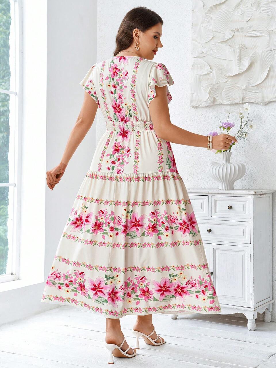 Plus Size Women's Summer Casual Elegant Vacation Floral Print Fashion Shirred Dress,Ruffle Dress,Going Out Outfits, Beach,Flowy Dress