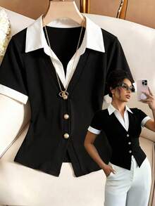 Elenzga Women's Elegant Commute 2 In 1 Patchwork Shirt Collar Teacher Daily Wear - Black - View 4