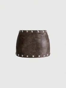 ROMWE Y2K Hot Girl Music Festival Electronic Music Festival Rivet Decor Layered Waistband Washed Skirt - Brown - View 2