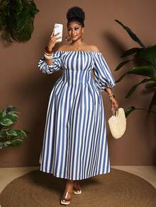 Maweii Robe élégante grande taille à épaules dénudées, blocs de couleurs rayé, manches lanternes et taille cintrée - Multicolore - Voir 1