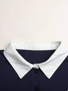 青少年女孩 Polo 領條紋刺繡圖案短袖中長洋裝，適合青少年女孩，對比色荷葉領花瓣袖印花洋裝，適合學校、戶外活動、購物，鈕扣洋裝童裝 - 藍色 - 查看 3