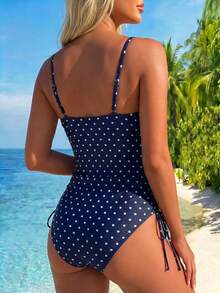 Swim Lushoire 春夏流行熱銷波點印花設計女童度假海灘連身泳衣 - 藏蓝色 - 查看 2
