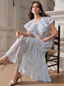 Anewsta Romantic Date Backless Women's Blue Ruffle Chiffon Jacquard Dress - Baby Blue - View 1