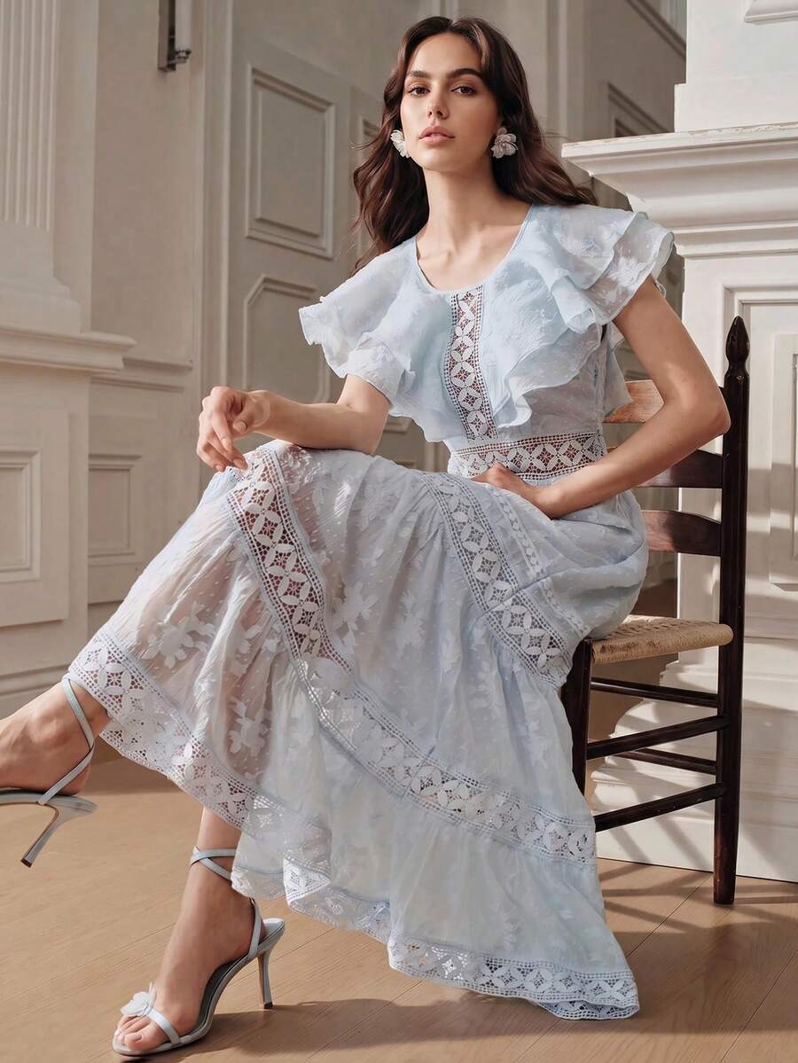 Anewsta Romantic Date Backless Women's Blue Ruffle Chiffon Jacquard Dress - Baby Blue - View 1
