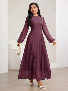 Veilorie 3/4 Sleeve High Neck Ruched Waist Elegant Versatile Dress - Red Violet - View 6