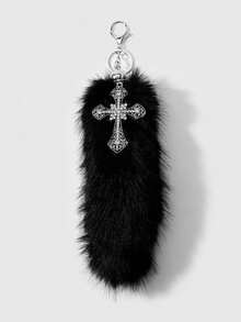 ROMWE Goth 1 Y2k Punk Dark Wind Black Simulation Wolf-Tailed Raccoon Tail Rhinestone Cross Decoration DIY Keychain Bag Pendant, Suitable For Girls To Wear - Black-59 - View 9