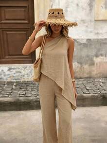 SHEIN Holidaya Women's Khaki Green One-Shoulder Asymmetrical Hem Casual Tropical Elegant 2 Pieces Set Beach Vacation Summer - Apricot - View 6