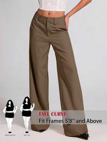 SHEIN Tall CURVE 大尺碼女款素色直筒寬鬆休閒通勤長褲 - 卡其色 - 查看 1