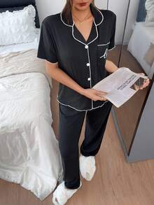 Napfluff Women's Casual Pocket Letter Print Lapel Short Sleeve Pajama Set - Black - View 5