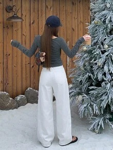 Livesso 女式常规中腰直筒宽松休闲牛仔裤 - 白色 - 查看 10
