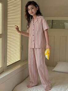 DAZY Minimalist Lapel Short Sleeve Loose Top & Casual Straight Leg Pants Striped 2 Pieces Set For Tween Girls Loungewear Summer - Watermelon Pink - View 3