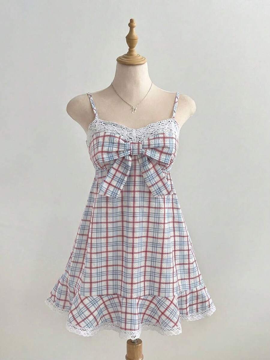 Elamini 女款夏季格紋細肩帶蕾絲飾邊A字迷你休閒洋裝 - 彩色 - 查看 1