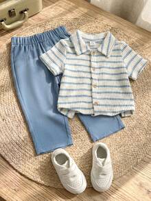 SHEIN Vintaside Kids 男嬰夏季百搭休閒翻領短袖簡約襯衫與時尚長褲套裝，適合日常穿著、家庭露營、聚會或購物 - 藍色 - 查看 7