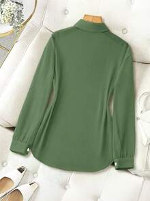 Franclia Camisa básica minimalista de unicolor transparente con cuello vuelto - Verde militar - Ver 2