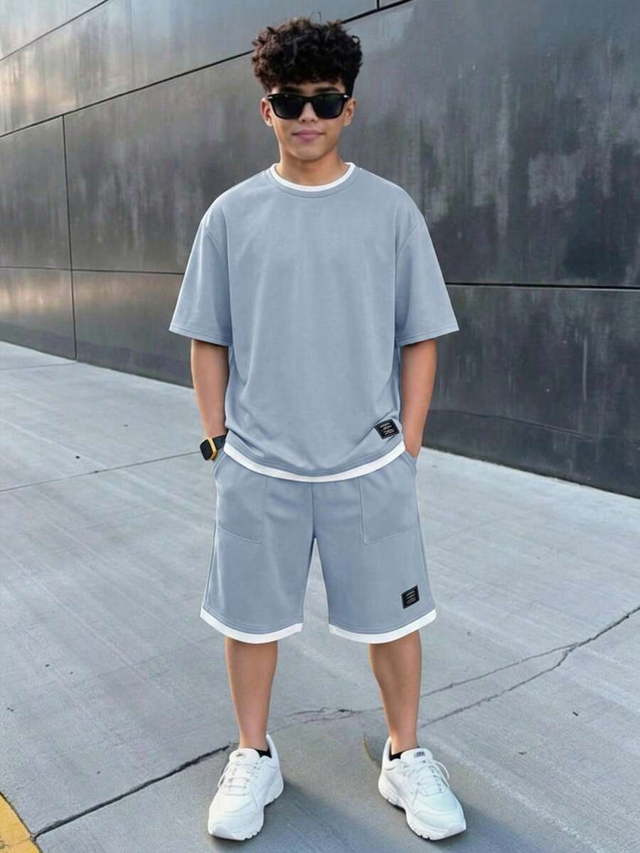 SHEIN 青少年男孩 2件組字母拼接細節 2合1 T恤與短褲,舒適面料,時尚版型 - 藍色 - 查看 1