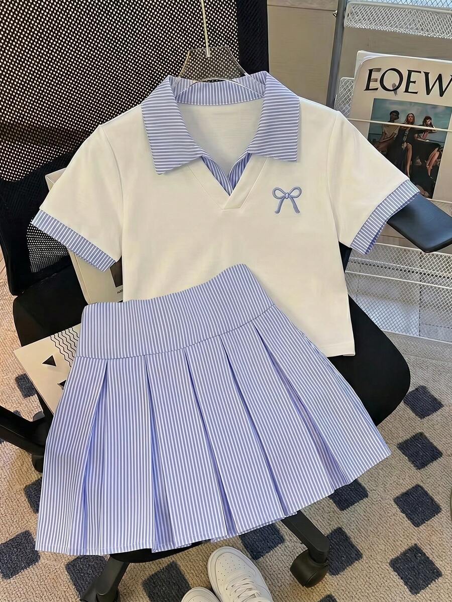 SHEIN 青少年女孩 2件組 短袖圓領蝴蝶結裝飾T恤與條紋百褶迷你裙 - 藍色 - 查看 1
