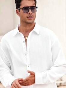 Mercer Haus Men's Casual Solid Color Lapel Long Sleeve Full-Zip Shirt Paired With Solid Color Drawstring Long Pants 2-Piece Set, Essential Executive Outfit - White - View 8