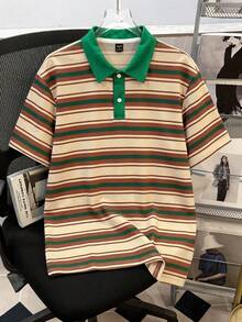 Manfinity Joysei Men's Colorblock Striped Patchwork Casual Versatile Commute Travel Short Sleeve Polo Shirt - Multicolor - View 4